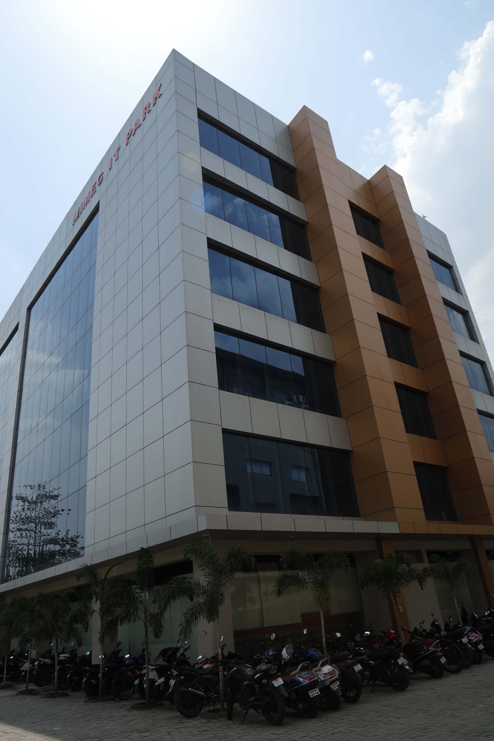 Dramatic upward angle of glass facade